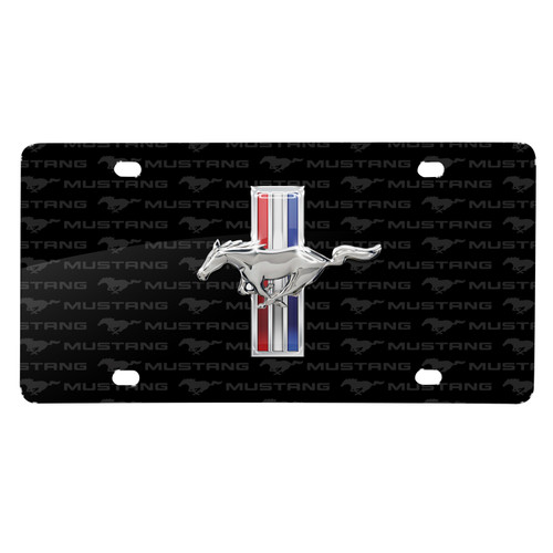 Ford Mustang Tri--Bar 3D Dome Logo on Logo Pattern Black Aluminum License Plate