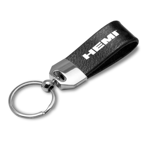 HEMI Logo Black Real Leather Loop Strap Chrome Metal Key Chain