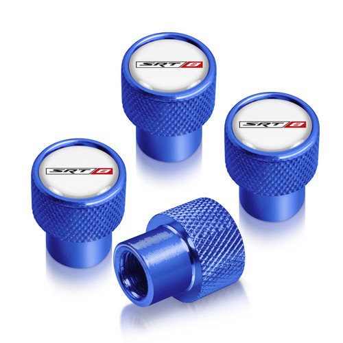 Dodge SRT-8 Logo in White on Blue Premium Anodized Aluminum Tire Valve Stem Caps - Set of 4