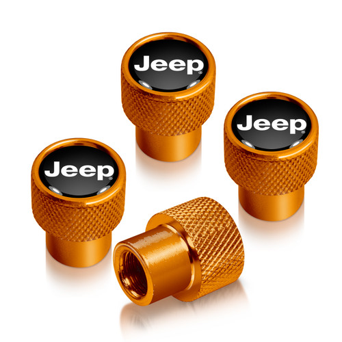 Jeep in Black on Golden Premium Anodized Aluminum Tire Valve Stem Caps - Set of 4