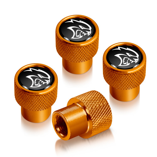 Dodge SRT Hellcat in Black on Golden Premium Anodized Aluminum Tire Valve Stem Caps - Set of 4