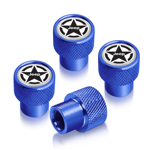Jeep Willys Star Logo in White on Blue Premium Anodized Aluminum Tire Valve Stem Caps - Set of 4