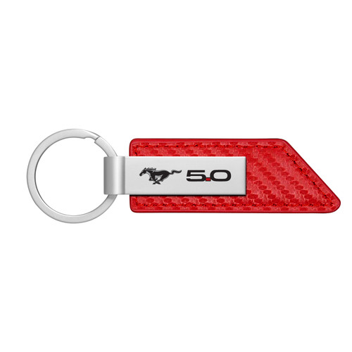 Ford Mustang 5.0 Red PU Leather Carbon Fiber Texture Strap Silver Metal Bar LED Printed Logo Key Chain Ford Mustang 5.0 Red PU Leather Carbon Fiber Texture Strap Silver Metal Bar LED Printed Logo Key Chain