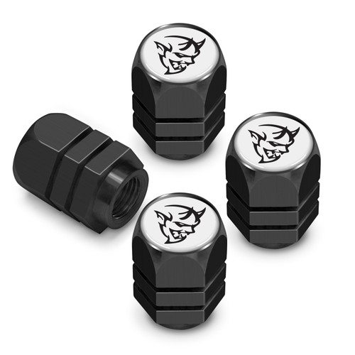 Dodge Demon in White on Black Hexagon Shape Premium Anodized Aluminum Tire Valve Stem Caps - Set of 4