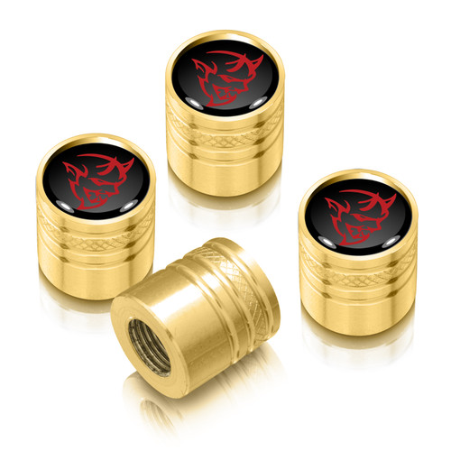 Dodge Demon Red Logo in Black on Golden Cylinder-Style Premium Anodized Aluminum Tire Valve Stem Caps - Set of 4
