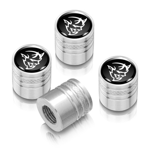 Dodge Demon in Black on Shining Silver Cylinder-Style Premium Anodized Aluminum Tire Valve Stem Caps - Set of 4