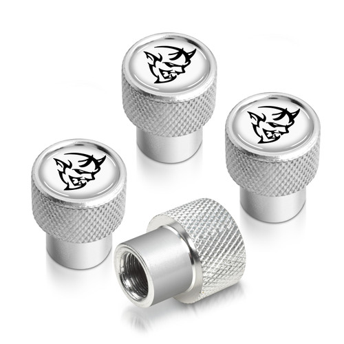 Dodge Demon in White on Shining Silver Premium Anodized Aluminum Tire Valve Stem Caps - Set of 4