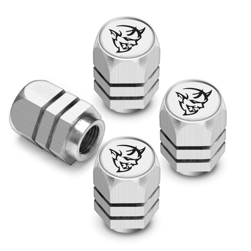 Dodge Demon in White on Silver Hexagon Shape Premium Anodized Aluminum Tire Valve Stem Caps - Set of 4 Dodge Demon in White on Silver Hexagon Shape Premium Anodized Aluminum Tire Valve Stem Caps - Set of 4