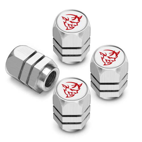 Dodge Demon Red Logo in White on Silver Hexagon Shape Premium Anodized Aluminum Tire Valve Stem Caps - Set of 4 Dodge Demon Red Logo in White on Silver Hexagon Shape Premium Anodized Aluminum Tire Valve Stem Caps - Set of 4