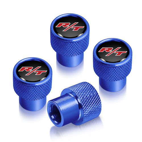 Dodge R/T Logo in Black on Blue Premium Anodized Aluminum Tire Valve Stem Caps - Set of 4 Dodge R/T Logo in Black on Blue Premium Anodized Aluminum Tire Valve Stem Caps - Set of 4
