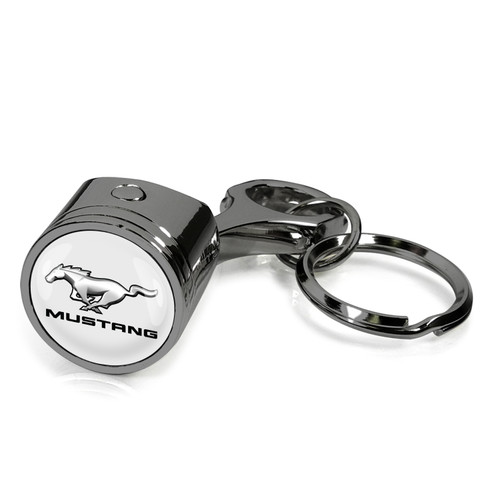 Ford Mustang Logo in White on Black Engine Piston and Rod Metal Key Chain