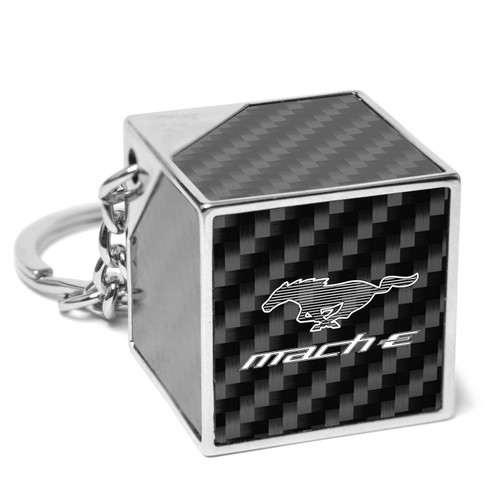 Ford Mustang Mach-E Logo Black Real Carbon Fiber Custom Designed Cube Block Style Metal Key Chain