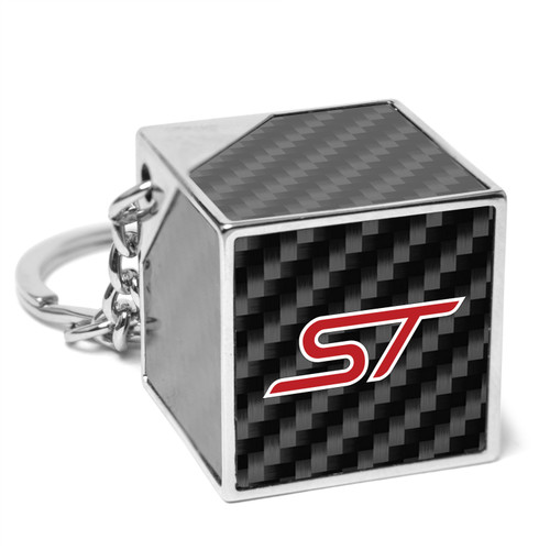 Ford ST Logo Black Real Carbon Fiber Custom Designed Cube Block Style Metal Key Chain