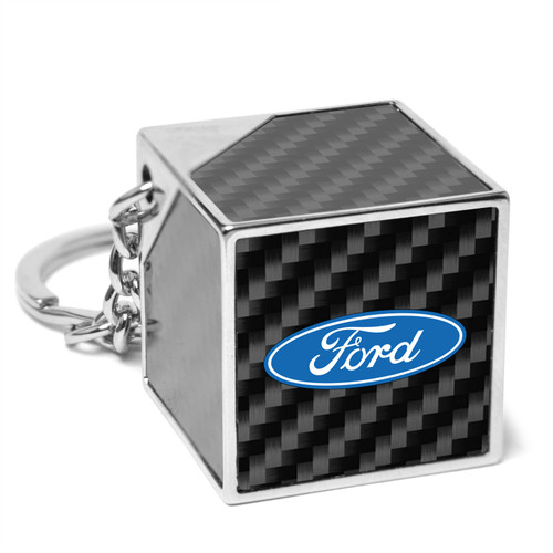Ford Logo Black Real Carbon Fiber Custom Designed Cube Block Style Metal Key Chain
