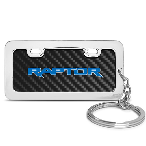 Ford F-150 Raptor in Blue Black Real Carbon Fiber Mini Chrome Metal License Frame Style Key Chain