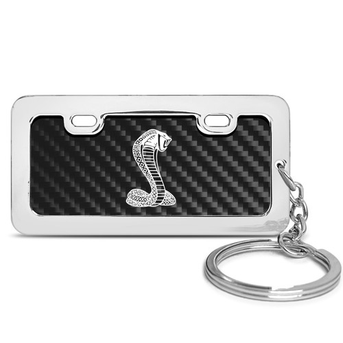 Ford Mustang Cobra Black Real Carbon Fiber Mini Chrome Metal License Frame Style Key Chain