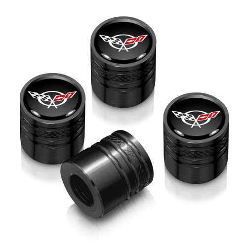 Chevrolet Corvette C5 Logo in Black on Black Cylinder-Style Premium Anodized Aluminum Tire Valve Stem Caps - Set of 4