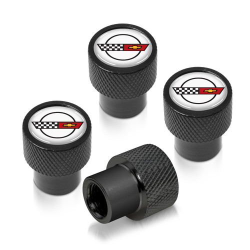 Chevrolet Corvette C4 Logo in White on Black Easy-Grip Aluminum Tire Valve Stem Caps