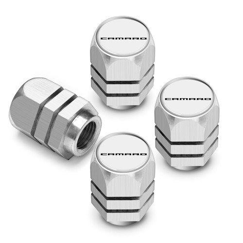 Chevrolet Camaro in White on Silver Hexagon Shape Premium Anodized Aluminum Tire Valve Stem Caps - Set of 4