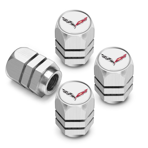 Chevrolet Corvette C7 Logo in White on Silver Hexagon Shape Premium Anodized Aluminum Tire Valve Stem Caps - Set of 4