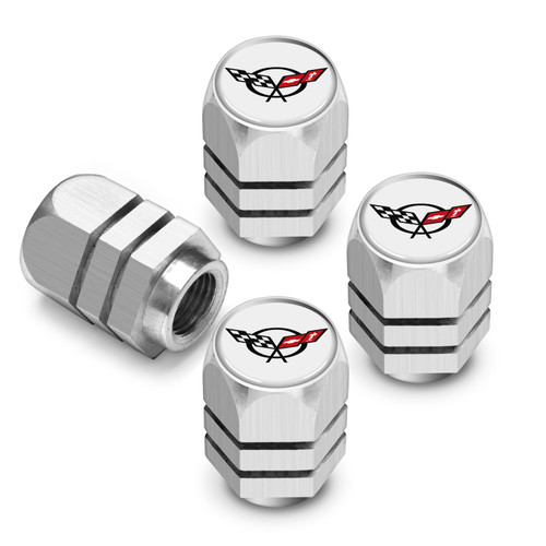 Chevrolet Corvette C5 Logo in White on Silver Hexagon Shape Premium Anodized Aluminum Tire Valve Stem Caps - Set of 4