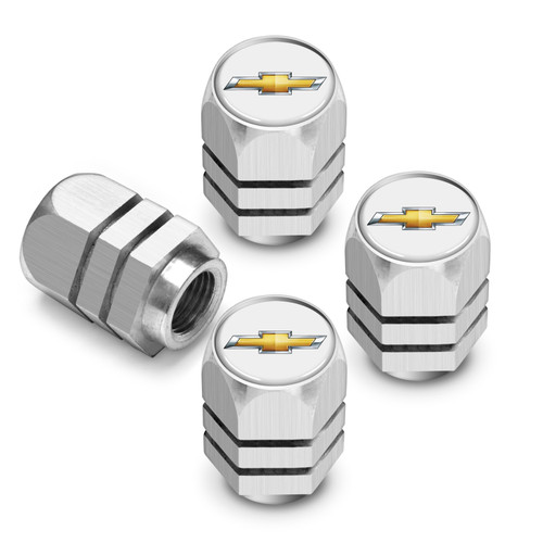 Chevrolet Golden Logo in White on Silver Hexagon Shape Premium Anodized Aluminum Tire Valve Stem Caps - Set of 4