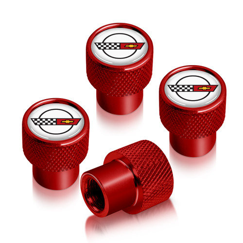 Chevrolet Corvette C4 Logo in White on Red Aluminum Tire Valve Stem Caps