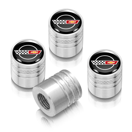 Chevrolet Corvette C4 Logo in Black on Shining Silver Cylinder-Style Premium Anodized Aluminum Tire Valve Stem Caps - Set of 4