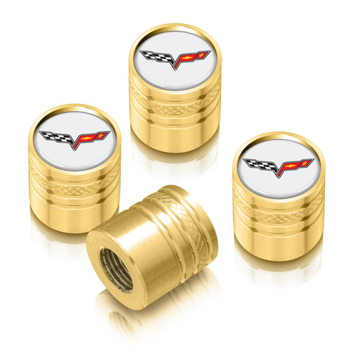 Chevrolet Corvette C6 Logo in White on Golden Cylinder-Style Premium Anodized Aluminum Tire Valve Stem Caps - Set of 4