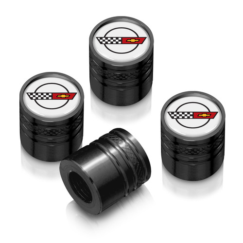 Chevrolet Corvette C5 Logo in White on Black Cylinder-Style Premium Anodized Aluminum Tire Valve Stem Caps - Set of 4