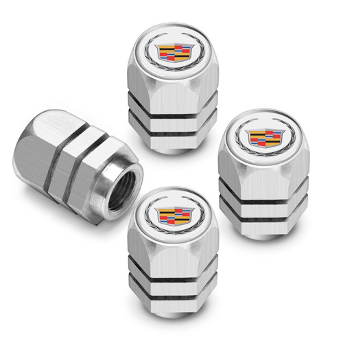Cadillac Logo in White on Silver Hexagon Shape Premium Anodized Aluminum Tire Valve Stem Caps - Set of 4