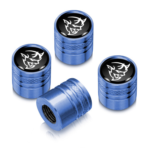 Dodge Demon Logo in Black on Blue Cylinder Style Aluminum Tire Valve Stem Caps