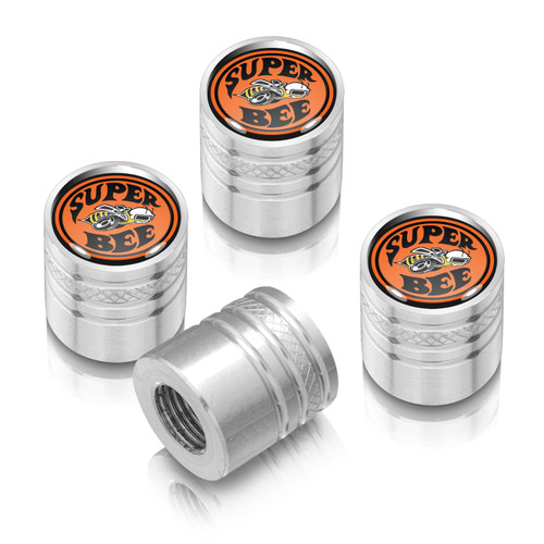 Dodge Supper-Bee in Black on Shining Silver Cylinder-Style Premium Anodized Aluminum Tire Valve Stem Caps