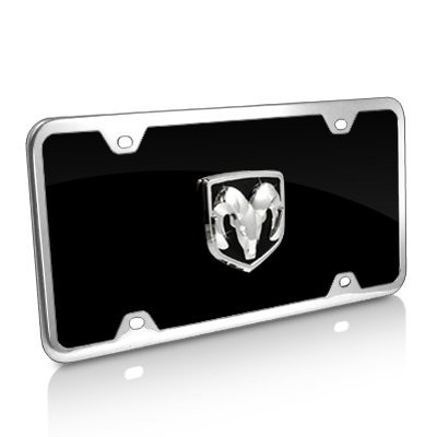 Dodge RAM 3D Logo Black Acrylic License Plate with Chrome Frame Kit