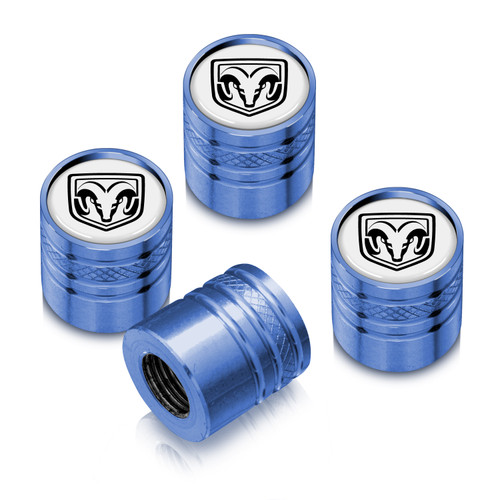 RAM Logo in White on Blue Cylinder Style Aluminum Tire Valve Stem Caps