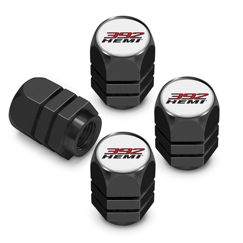 HEMI 392 HEMI Logo in White on Black Hexagon Shape Premium Anodized Aluminum Tire Valve Stem Caps