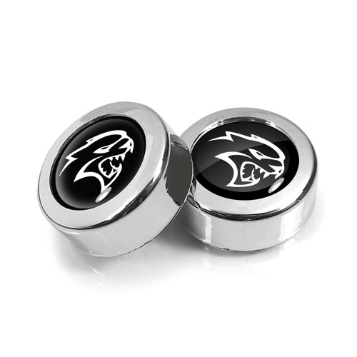 Dodge SRT Hellcat in Black Dome Logo on Chrome two ABS Plastic License Plate Frame Screw Cover Set