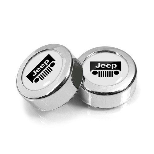 Jeep Grill Logo in White Dome Logo on Chrome two ABS Plastic License Plate Frame Screw Cover Set