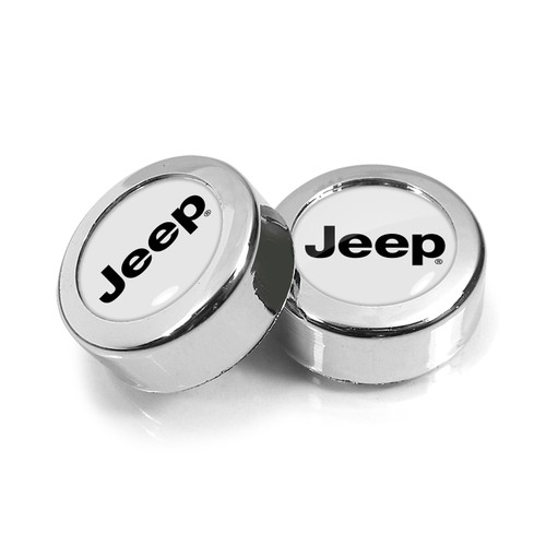 Jeep in White Dome Logo on Chrome two ABS Plastic License Plate Frame Screw Cover Set