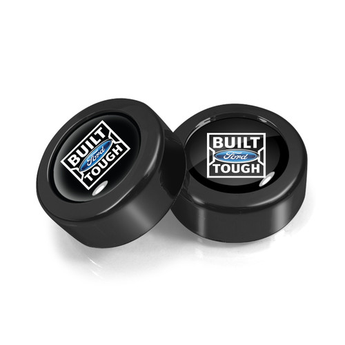 Ford Built-Ford-Tough in Black on Black two ABS Plastic License Plate Frame Screw Cover Set