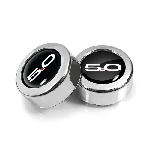 Ford Mustang 5.0 in Black on Chrome two ABS Plastic License Plate Frame Screw Cover Set