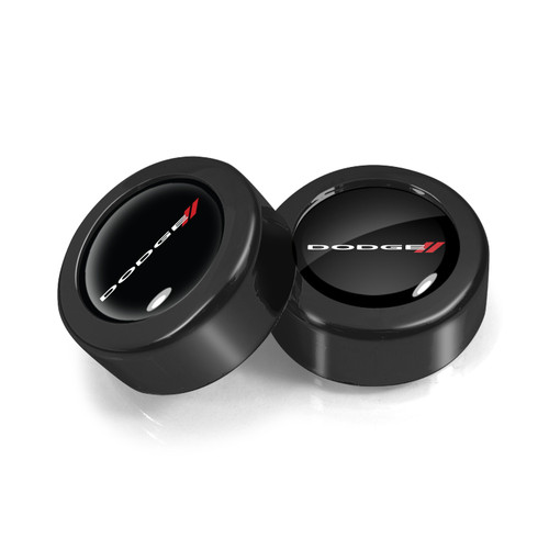 Dodge in Black Dome Logo on Black two ABS Plastic License Plate Frame Screw Cover Set