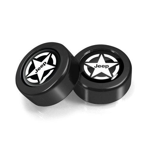Jeep Willys Star Logo in Black Dome Logo on Black two ABS Plastic License Plate Frame Screw Cover Set