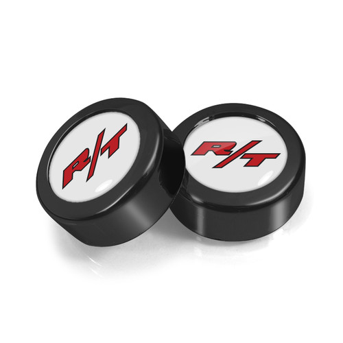 Dodge R/T Logo in White Dome Logo on Black two ABS Plastic License Plate Frame Screw Cover Set