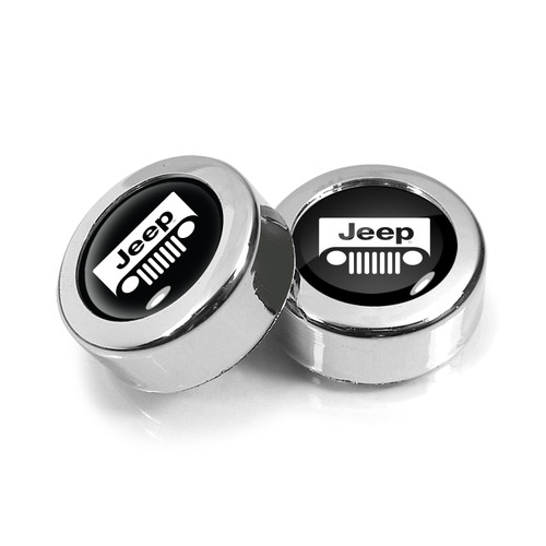 Jeep Grill Logo in Black Dome Logo on Chrome two ABS Plastic License Plate Frame Screw Cover Set