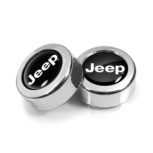 Jeep in Black Dome Logo on Chrome two ABS Plastic License Plate Frame Screw Cover Set