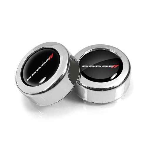 Dodge in Black Dome Logo on Chrome two ABS Plastic License Plate Frame Screw Cover Set