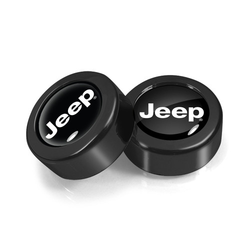 Jeep in Black Dome Logo on Black two ABS Plastic License Plate Frame Screw Cover Set