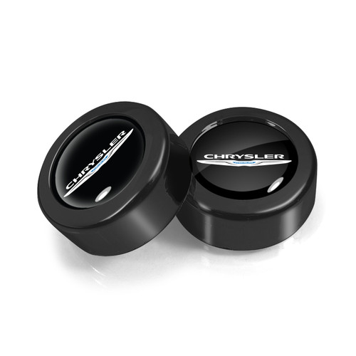 Chrysler Logo in Black Dome Logo on Black two ABS Plastic License Plate Frame Screw Cover Set