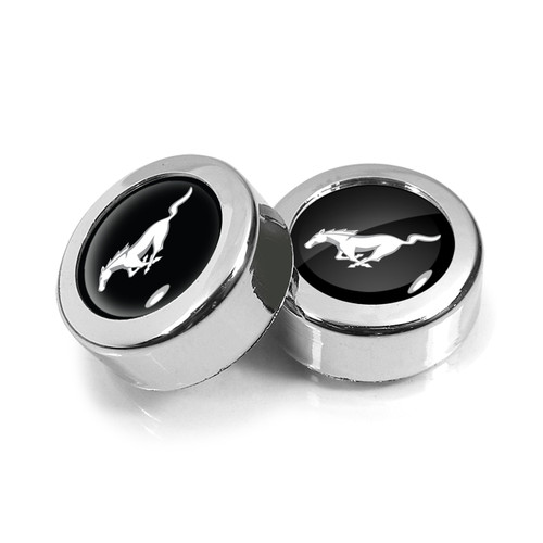 Ford Mustang in Black on Chrome two ABS Plastic License Plate Frame Screw Cover Set